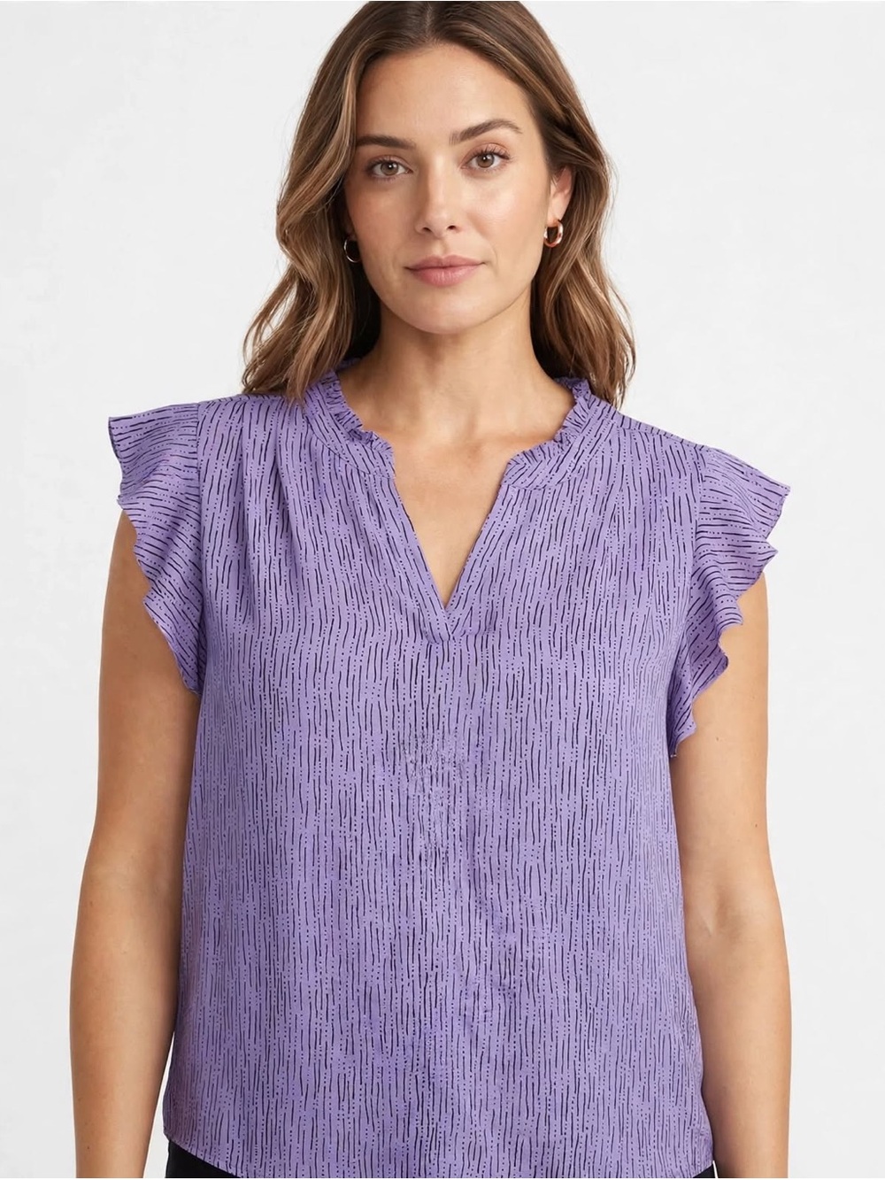 Liz Claiborne Lavender Purple Black Dash-Dot Ruffle Blouse - Size Large